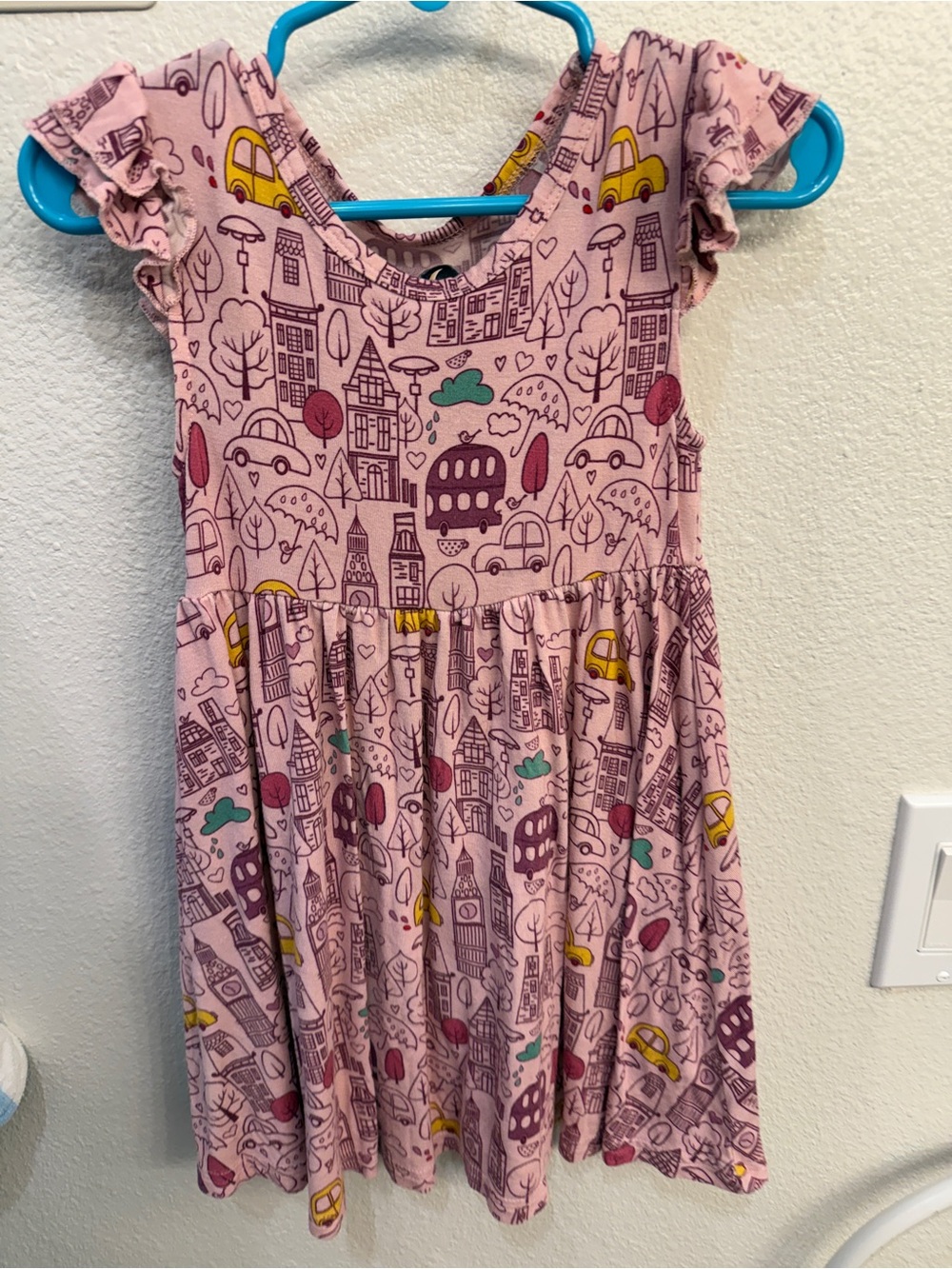 Girls' Pink City-Print Ruffle Sleeve Bamboo Dress